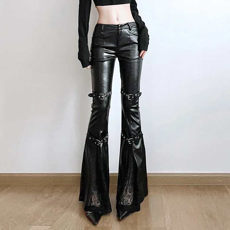 Leather Work Pants - Женские расклешенные брюки из искусственной кожи,